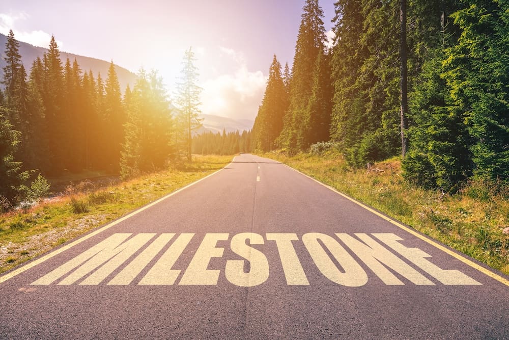 Image of an open asphalt road surrounded by trees and bathed in golden sunlight. The word 'Milestone' is written across the road in gold block lettering.